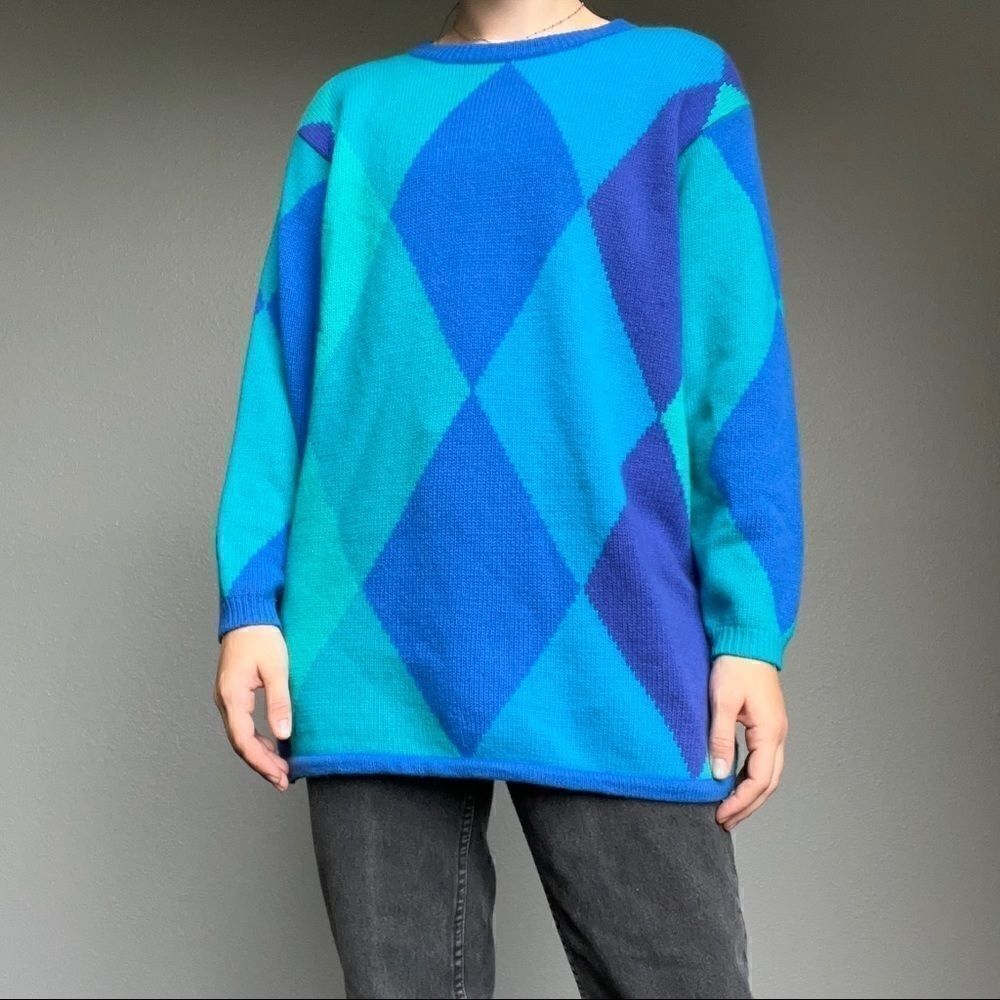 Vintage 90s Brett Harrison Blue Geometric Wool Angora Oversized Grandpa Sweater
